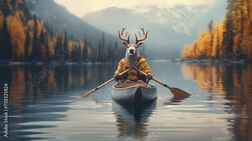 Photograph of a reindeer paddling canoe in a lake amidst nature.