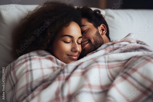 Good quality productive sleep is a concept. Generated by AI. African couple in love sleeps lying in a warm cozy bed hug each other, dreams and recovers strength and energy.