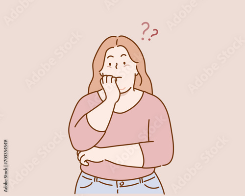 plus size woman looking sideways with doubtful and skeptical expression. Hand drawn style vector design illustrations.