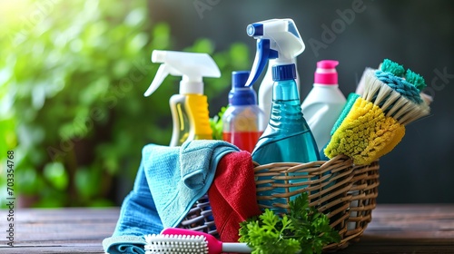 Wicker basket full of household cleaning products
