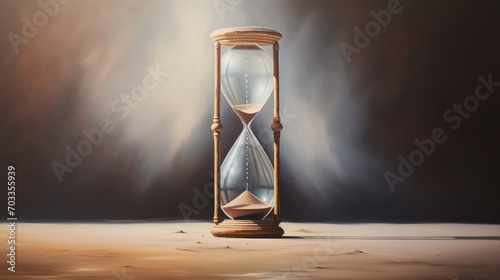  a painting of an hourglass with sand running through the bottom of the hour and a light coming through the middle of the hour.