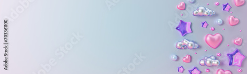 Panoramic background with shiny hearts, stars, pearls and copy space. Valentine's Day, Woman's, Mothers Day backdrop. Cute banner with empty space for text. Y2k Valentine gradient. 3D.