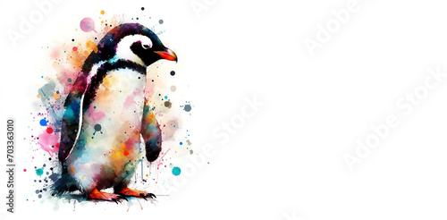 Watercolor penguin with colorful splashes on white background. Generative AI.