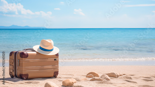  There is a suitcase and a straw hat on the sandy beach
