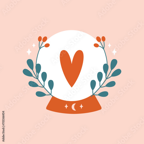 Hand drawn illustration to Valentine's day with magic ball, spiritual sphere. Cartoon cute clip art. Romantic badge, sticker, card, banner. Flat minimal design.
