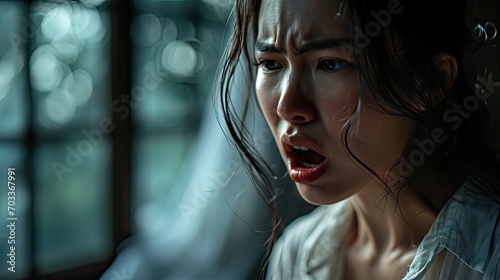 Portrait Shocked Asian Woman Overslept Opening, Background HD For Designer