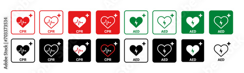 CPR and AED icon collection vector. Emergency defibrillator sign or icon.