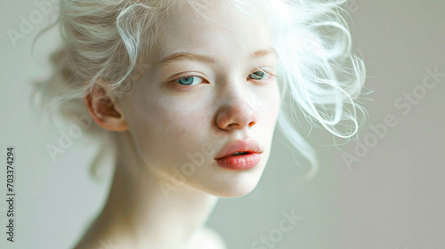 Young albino woman with pale skin and white, wavy hair, blue eyes, looking pensive
