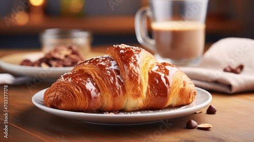  a close up of a croissant on a plate on a table with a cup of coffee in the background.