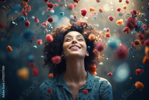 A person surrounded by a bubble of positive thoughts, symbolizing the transformative power of a positive mindset on mental health.