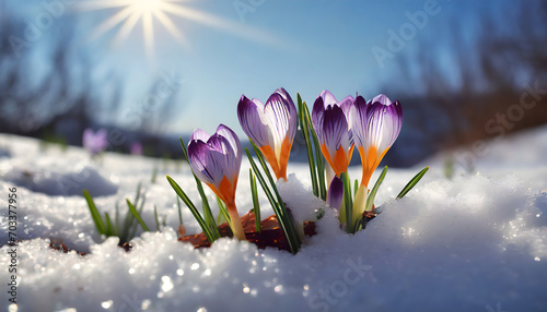 Crocus poking through the snow. Concept of spring coming.