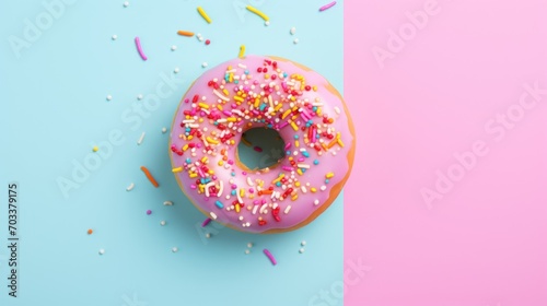  a donut with pink frosting and sprinkles on a blue and pink and pink and pink background.