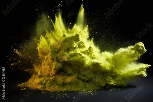 Explosion of olive colored powder on black background