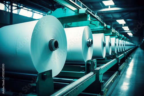 Huge rolls of paper are stored in the factory warehouse. Industrial paper production. Finished products of a paper processing plant.