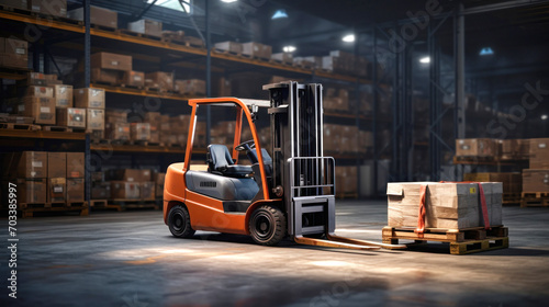 A modern forklift for working in a warehouse, loading, unloading and transporting goods. Logistics warehouse.