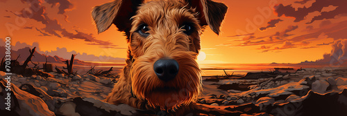 Closeup of brown airedale terrier dog illustration on a sunset sky background.Animal wide web banner
