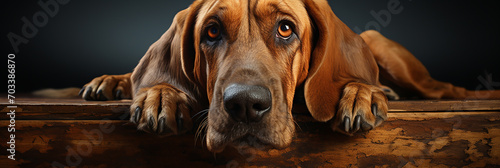 Closeup of brown bloodhound dog on a black background.Animal wide web banner