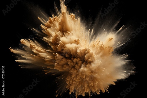 Explosion of beige brown colored powder on black background