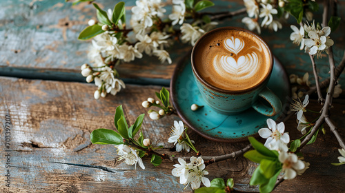 coffee cup with latte art and spring blossom. minimalist background with copy space and selective focus.