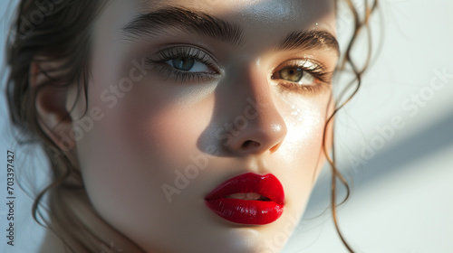 professional beauty photography. studio shot in fashion style. close up model's face wearing trendy 2024 makeup with red lips