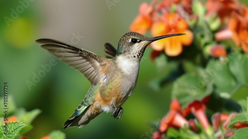 A hummingbird hovers mid-air, feeding from vibrant orange flowers. The bird's wings are a blur of motion, and its iridescent feathers glint in the sunlight.