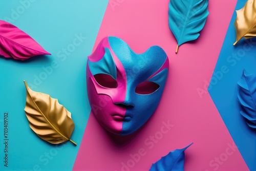 Carnival mask with painted leaves on blue and pink background. Flat Lay. Generative AI