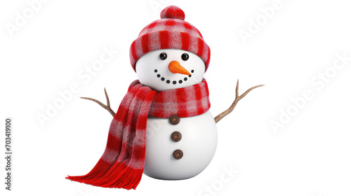 A friendly snowman with a carrot nose stands isolated on a white background