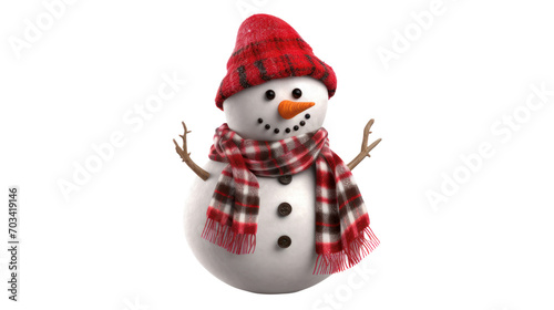 A friendly snowman with a carrot nose stands isolated on a white background