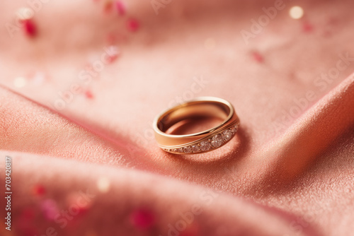 Engagement or wedding ring with gemstones lying in folds of fabric. Rich pink background with sequins. Advertisement, banner for jewelry store, wedding photo shoot. 