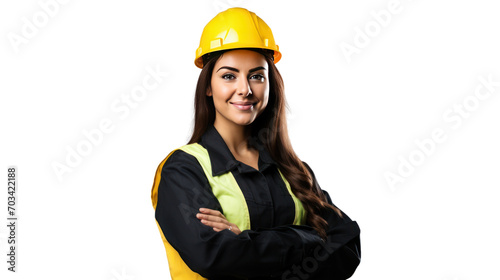 Portrait of Female engineer happy with workplace, isolated on white background.