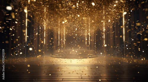a golden confetti shower on a festive stage with a central light beam, an empty room at night mockup as the perfect backdrop for an award ceremony, jubilee