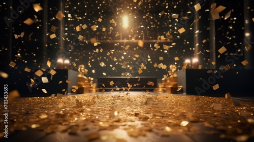 a golden confetti shower on a festive stage with a central light beam, an empty room at night mockup serving as a canvas for the grandeur of an award ceremony, jubilee