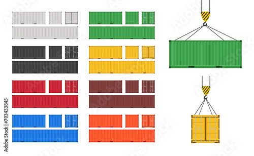 Large shipping containers. Set of cargo containers in different colors. Vector illustration. Isolated on white background. 
