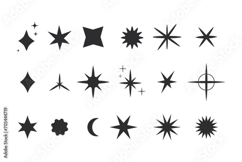 Set star sparkle silhouette y2k burst, geometry abstract shape isolated on white background. Collection futuristic hipster design elements