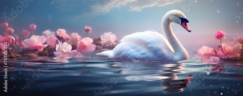 White swans swimming in lake. Fairy tale landscape with elegant bird and blooming flowers. Spring background for greeting card, banner, wallpaper with copy space