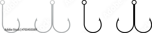 Fishing hook 3d metallic and black silhouette fishhook icon vector