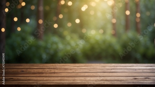 A background with an empty brown wooden table and blurred trees and bushes. Spring or summer wallpaper with an empty space. Natural bokeh. Rays of light. Daylight.