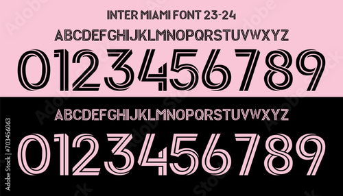 inter miami font. font vector team 2023 kit sport style font. football style font. sports style letters and numbers for soccer team. messi