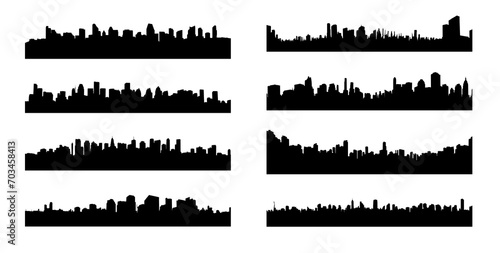 set of city skyline silhouette - transparent background - isolated - vast wide panoramic city buildings