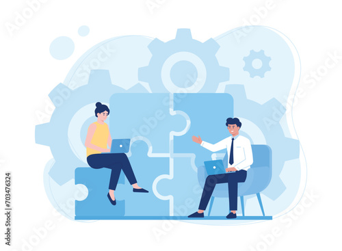 two business people are looking for a solution to solve a problem teamwork concept flat illustration