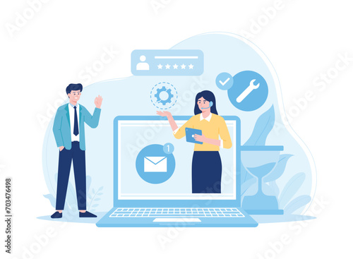 online service management and clients providing positive feedback customer support concept flat illustration