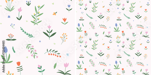 Bright coloured botanical pattern with wild flowers. Seamless repeating floral illustration with plants and herbs . Blooming plants, endless background for textile, fabric, wrapping and wallpaper