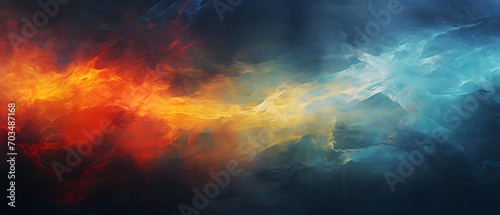 An ethereal painting captures the vibrant clash of fiery red and calming blue smoke, evoking a sense of natural beauty and powerful energy
