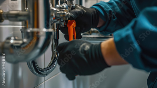 Plumber's hands using an pipe wrench to work on the chrome P-trap under a white sink