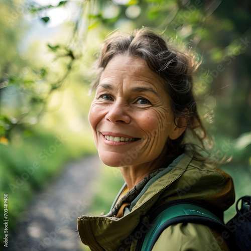 Portrait of a natural elderly woman hiking in nature with backpack