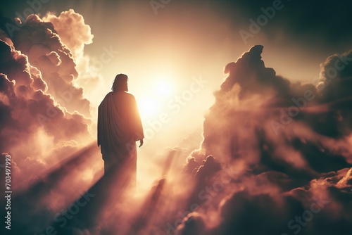 Jesus opening skyes, receiving blessings from god, clouds and setting sun, christianity and christmas concept