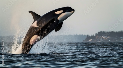dolphin jumping out of water, Illuminate the scene of an orca breaching the surface, forming a dramatic splash, with impeccable lighting accentuating the magnificence and power of this marine mammal