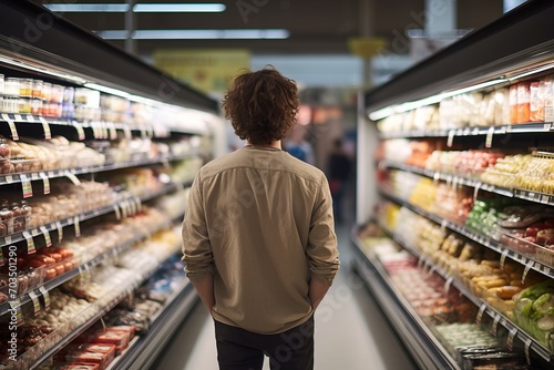 A young guy stands in a supermarket and chooses food in the frozen food department, sausage and cheese in the refrigerators. Male customer in a grocery store. Rear view. Generative AI.
