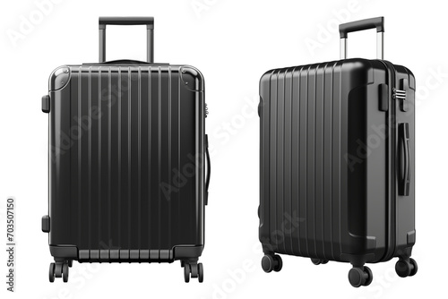 Set of black suitcases is cut out on a transparent or white background. Travel and vacation concept. Close-up of a suitcase as a design element to be inserted into a design or project.