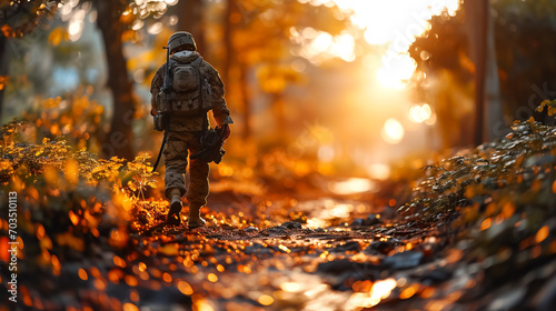 Army soldier walking in the autumn forest. Selective focus. Shallow depth of field. 